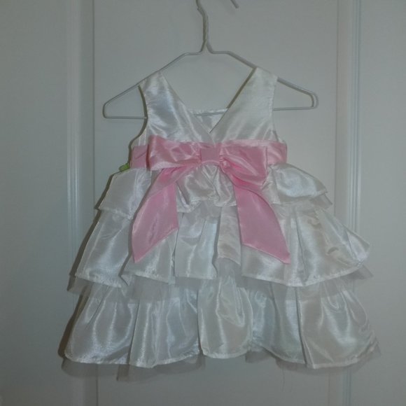 MUD PIE Girls White Tiered Dress Pink Sash Flower Girl Sz 9-12M EUC Wedding - Picture 3 of 3